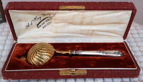 Box: lovely silver-filled sprinkling spoon and golden spoon