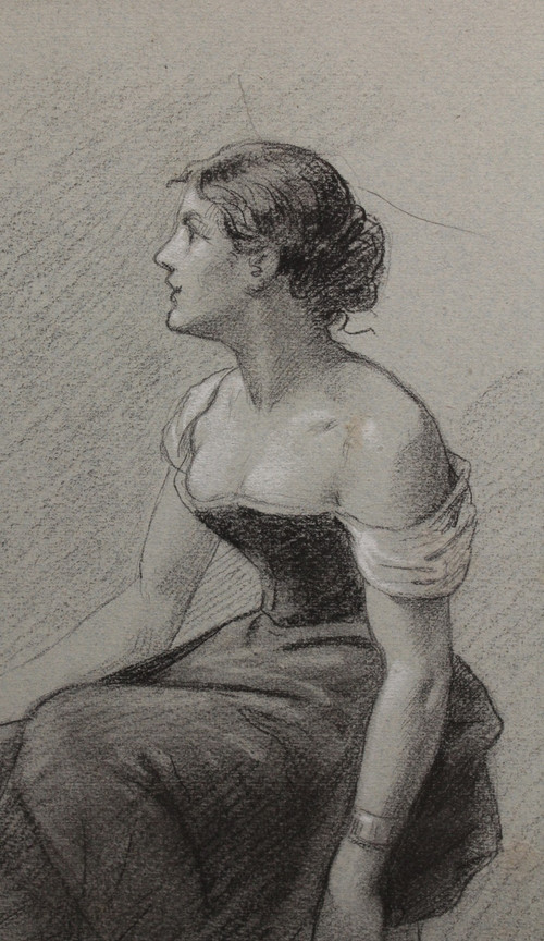 Charcoal and white chalk drawing 'Woman seated with a fan' Victor René Livache (1872-1944)