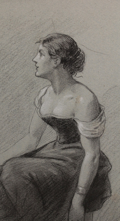 Charcoal and white chalk drawing 'Woman seated with a fan' Victor René Livache (1872-1944)