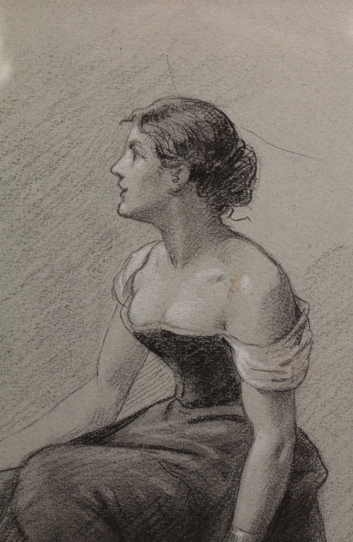 Charcoal and white chalk drawing 'Woman seated with a fan' Victor René Livache (1872-1944)