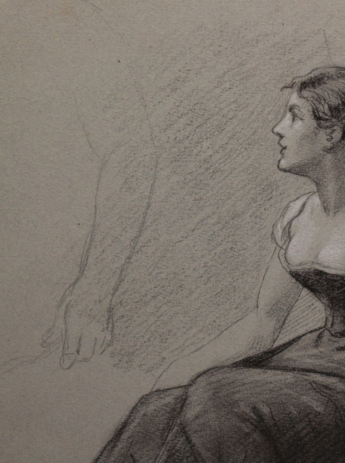 Charcoal and white chalk drawing 'Woman seated with a fan' Victor René Livache (1872-1944)