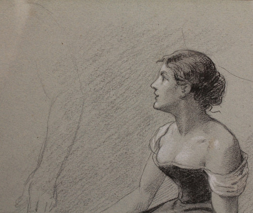 Charcoal and white chalk drawing 'Woman seated with a fan' Victor René Livache (1872-1944)