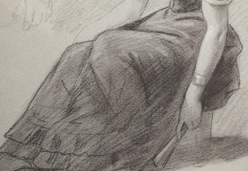 Charcoal and white chalk drawing 'Woman seated with a fan' Victor René Livache (1872-1944)