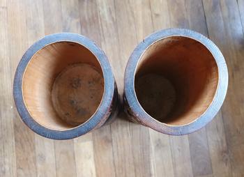 A large pair of carved Japanese brush pots (39.8 cm h)