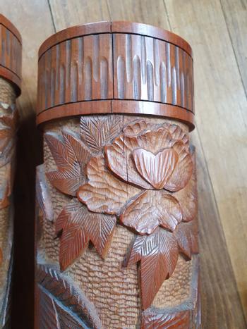 A large pair of carved Japanese brush pots (39.8 cm h)