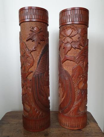 A large pair of carved Japanese brush pots (39.8 cm h)