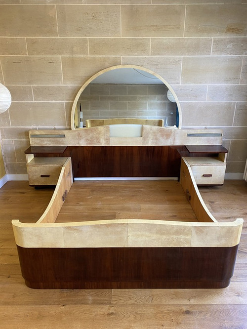 Large bed with integrated bedside tables in rosewood and parchment, Art Deco, 20th century 