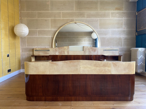 Large bed with integrated bedside tables in rosewood and parchment, Art Deco, 20th century 