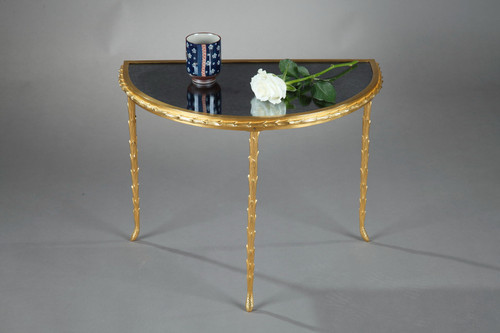 Small half moon table with aged mirror top in bronze, Maison Baguès