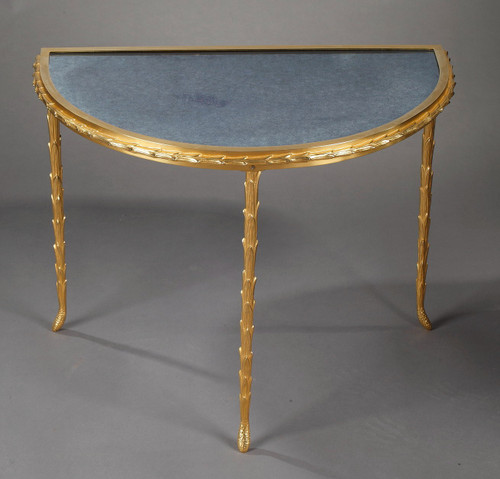 Small half moon table with aged mirror top in bronze, Maison Baguès