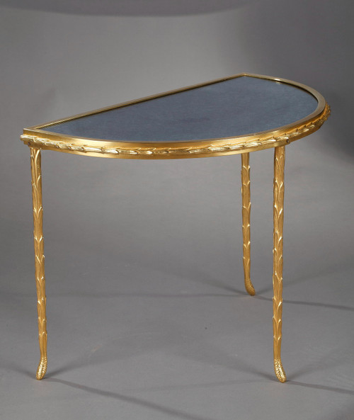 Small half moon table with aged mirror top in bronze, Maison Baguès