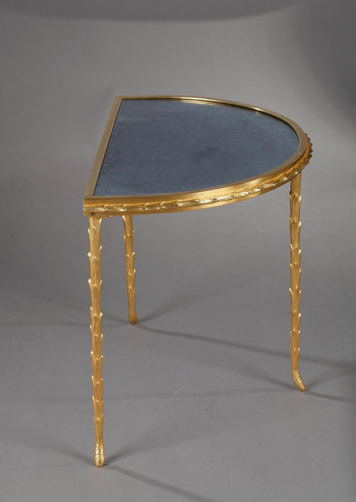 Small half moon table with aged mirror top in bronze, Maison Baguès