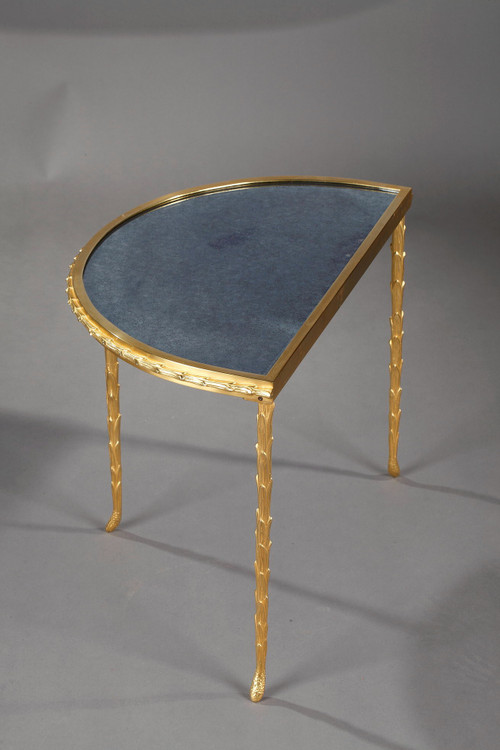 Small half moon table with aged mirror top in bronze, Maison Baguès