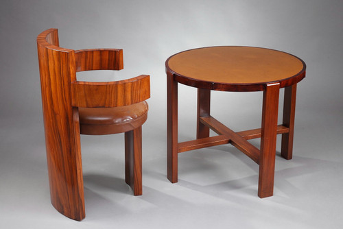 Petite table ronde en merisier et acajou des années 1930