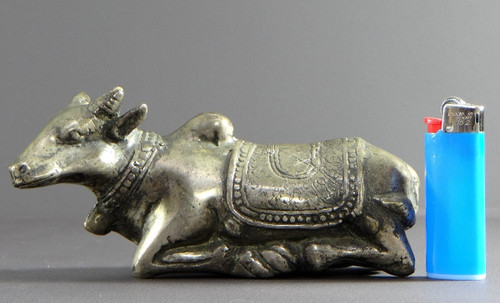 India, First Third of the 20th Century, Silver Bronze Statue Nandi Bull, Mounted by Shiva.