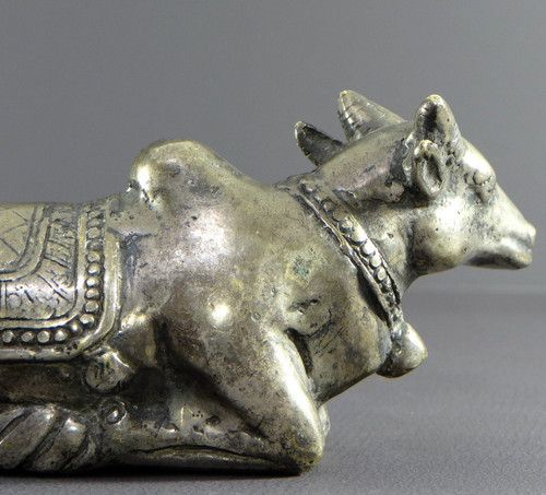 India, First Third of the 20th Century, Silver Bronze Statue Nandi Bull, Mounted by Shiva.