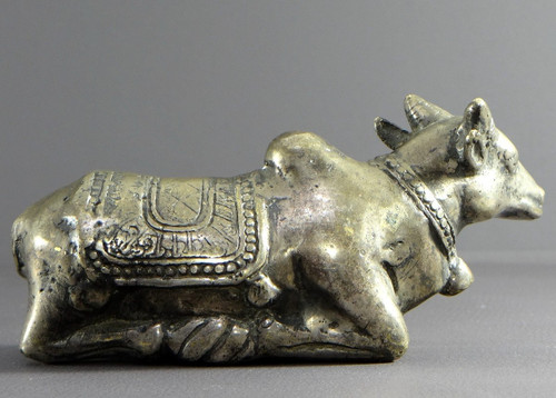 India, First Third of the 20th Century, Silver Bronze Statue Nandi Bull, Mounted by Shiva.