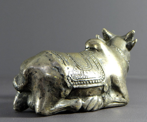 India, First Third of the 20th Century, Silver Bronze Statue Nandi Bull, Mounted by Shiva.