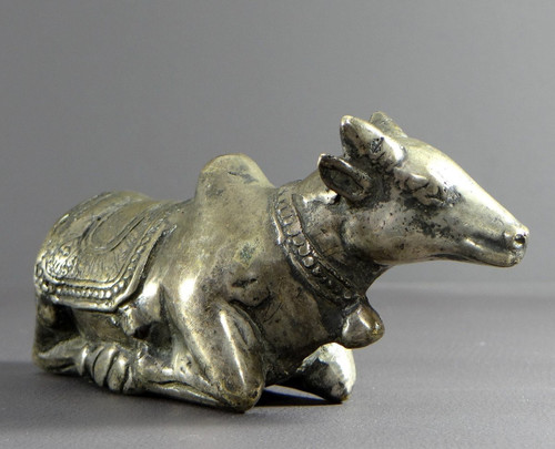 India, First Third of the 20th Century, Silver Bronze Statue Nandi Bull, Mounted by Shiva.