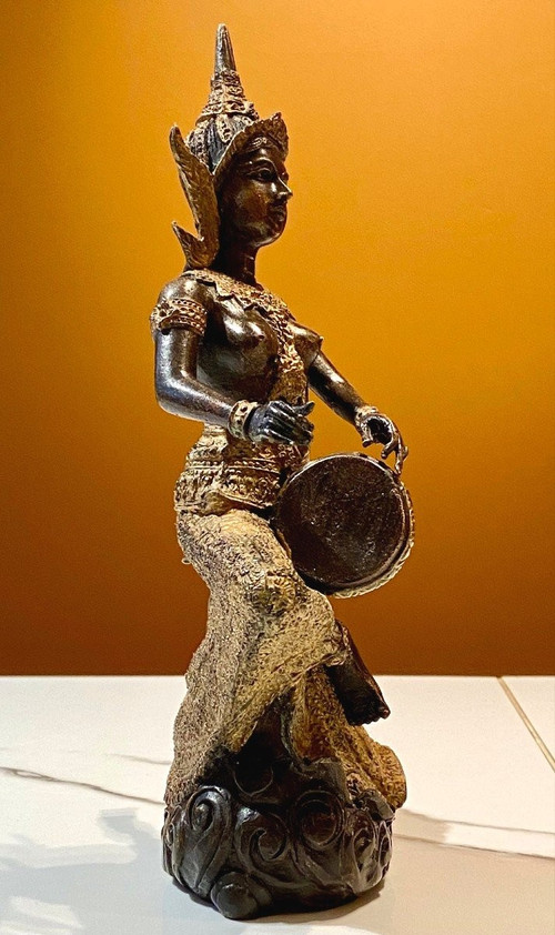 Thailand, Mid-20th Century, Bronze Musician Statue With Dark And Gold Patina.