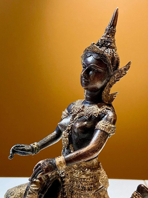 Thailand, Mid-20th Century, Bronze Musician Statue With Dark And Gold Patina.