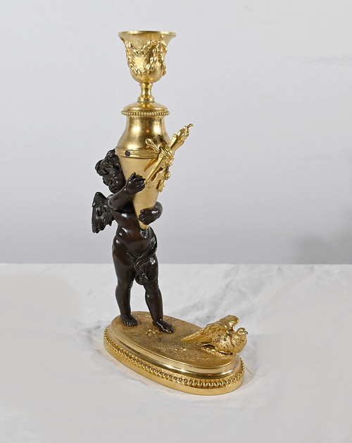 Bronze Candlestick “Blindfolded Love”, signed Ferville Suan – Late 19th century