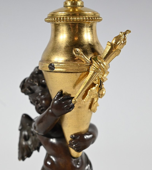 Bronze Candlestick “Blindfolded Love”, signed Ferville Suan – Late 19th century