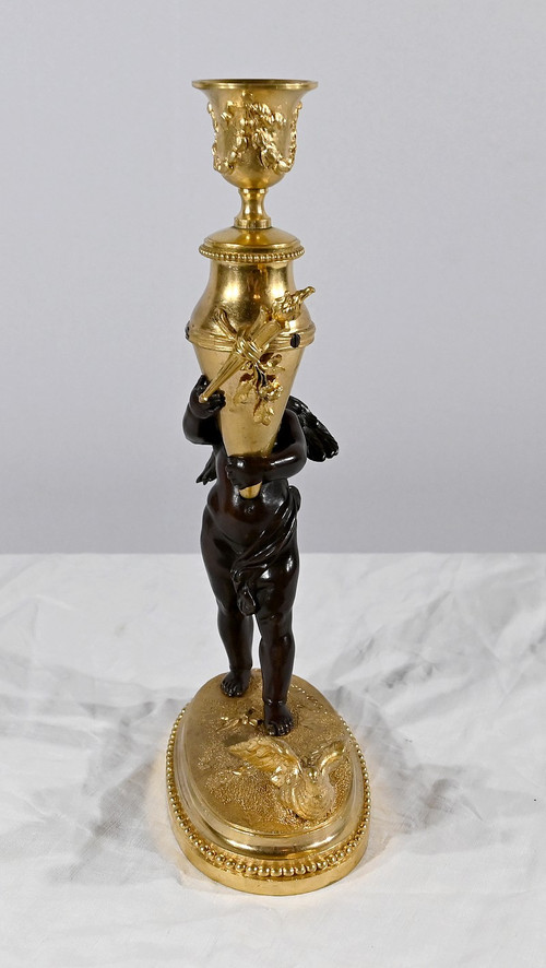 Bronze Candlestick “Blindfolded Love”, signed Ferville Suan – Late 19th century