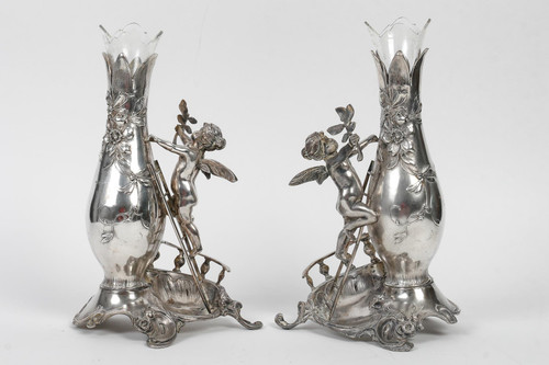 A pair of Art Nouveau silver-plated soliflore vases, 20th century period