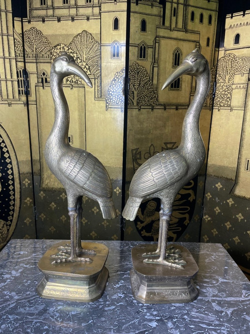 Pair Of Bronze Heron Cranes