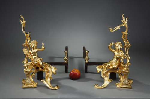 PAIR OF GILDED ANDIRONS IN THE LOUIS XV STYLE BRONZE