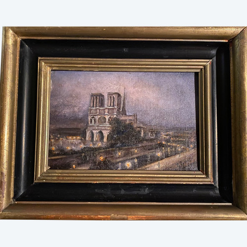 Notre-Dame de Paris. Nocturne. Tableau. Huile sur toile encadrée. G. Ronner.