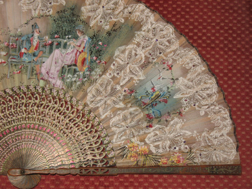 Fan with lace decoration, genre scene, flowers and birds painted on gauze, 19th century