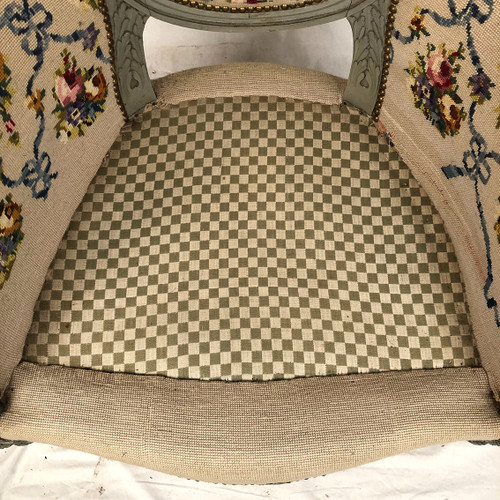 Pair of Louis XVI style wing chairs in gray lacquered wood. Late 19th century