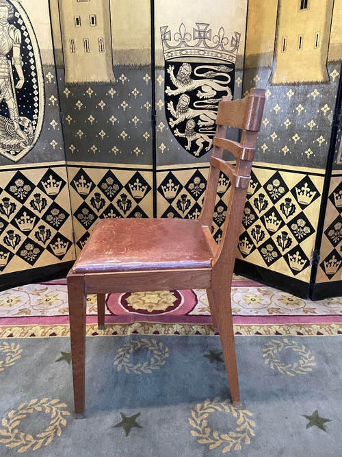 Suite Of 6 Oak And Leather Chairs 1950 "Art Deco