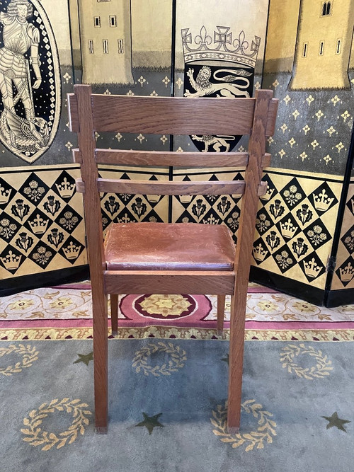 Suite Of 6 Oak And Leather Chairs 1950 "Art Deco