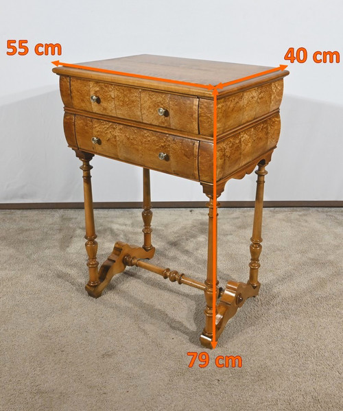 Rare Petite Table Chiffonnière en moucheté d’Amboine et Merisier, époque Louis Philippe – 2ème parti