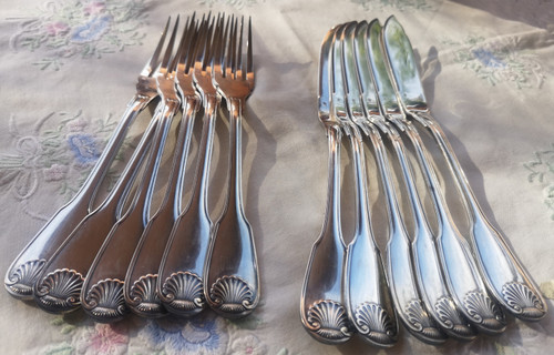 6 pieces of fish cutlery (12 pieces) Arcantia model (shell) Christofle silver plated metal