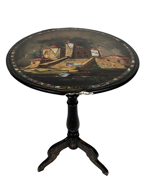 Napoleon III small rocking pedestal table, black lacquered wood with landscape and burgot decor