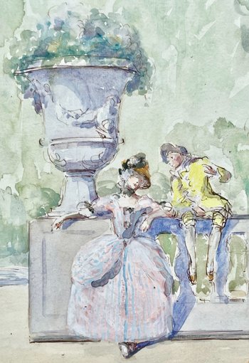 Aquarelle scène galante dans un jardin signée Drisa