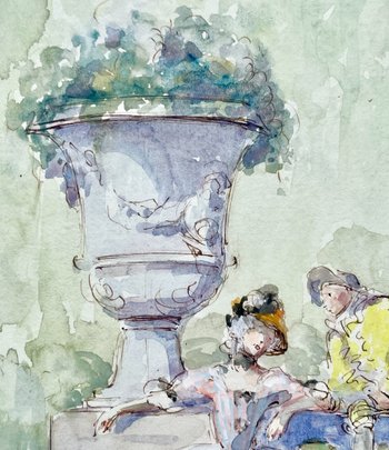 Aquarelle scène galante dans un jardin signée Drisa