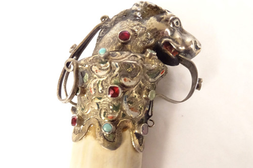 Foreign silver paper-knife Feline head Turquoise enamel Chimeras 19th century