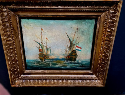 Combat naval du Vaisseau de Guerre le "Futura" huile sur toile marouflée dan son cadre 19ème