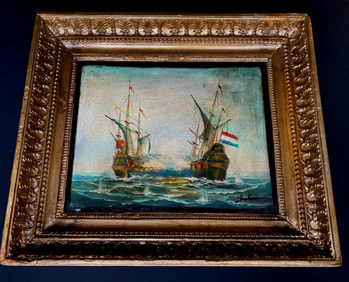 Combat naval du Vaisseau de Guerre le "Futura" huile sur toile marouflée dan son cadre 19ème