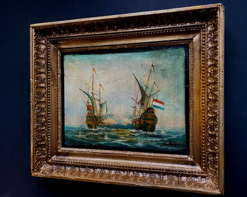 Combat naval du Vaisseau de Guerre le "Futura" huile sur toile marouflée dan son cadre 19ème