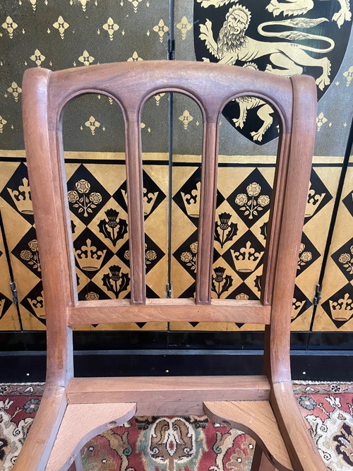 Suite Of 12 Restaurarion Style Chairs With “Cathedral” Backs