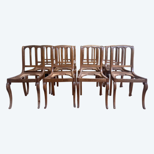 Suite Of 12 Restaurarion Style Chairs With “Cathedral” Backs