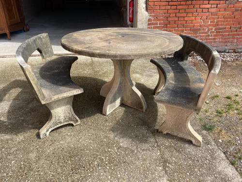 Salon De Jardin En Pierre - Ciment Table Et Bancs