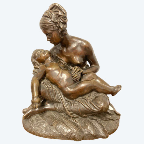 Ancient large Bronze “Maternal Tenderness” JEAN JOSEPH JAQUET 19th century Orientalist Maternity.