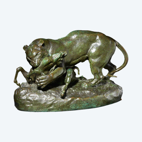 Antoine - Louis BARYE (1795-1875)Tiger surprising an antelope Bronze 